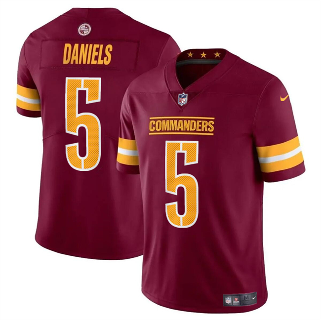 Men's Washington Commanders #5 Jayden Daniels Burgundy 2024 Draft Vapor Limited Football Stitched Jersey