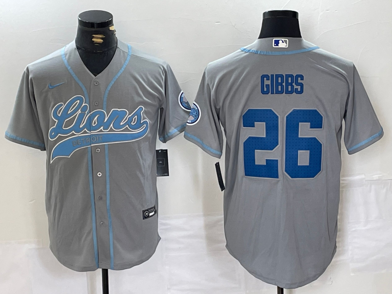 Men's Detroit Lions #26 Jahmyr Gibbs Grey With Patch Cool Base Stitched Baseball Jersey