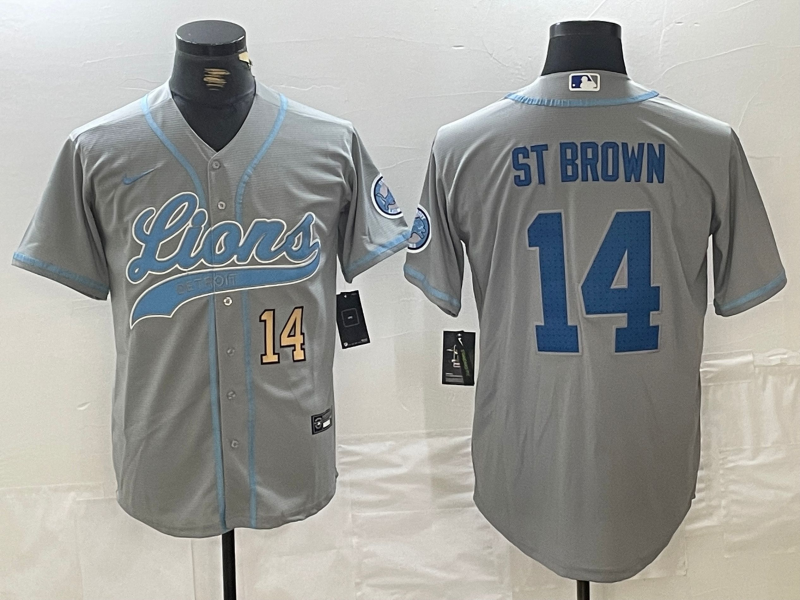 Men's Detroit Lions #14 Amon-Ra St. Brown Number Gray Cool Base Stitched Baseball Jerseys