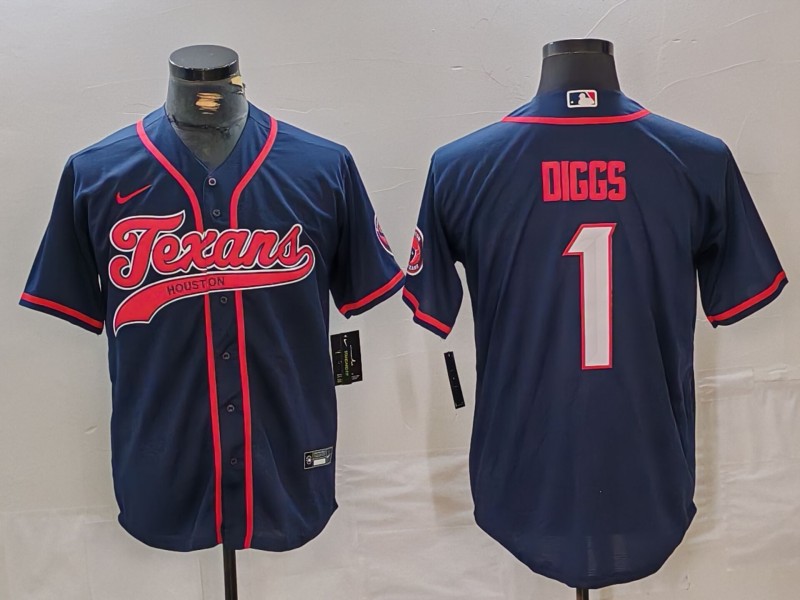 Men's Houston Texans #1 Stefon Diggs Navy With Patch Cool Base Stitched Baseball Jersey