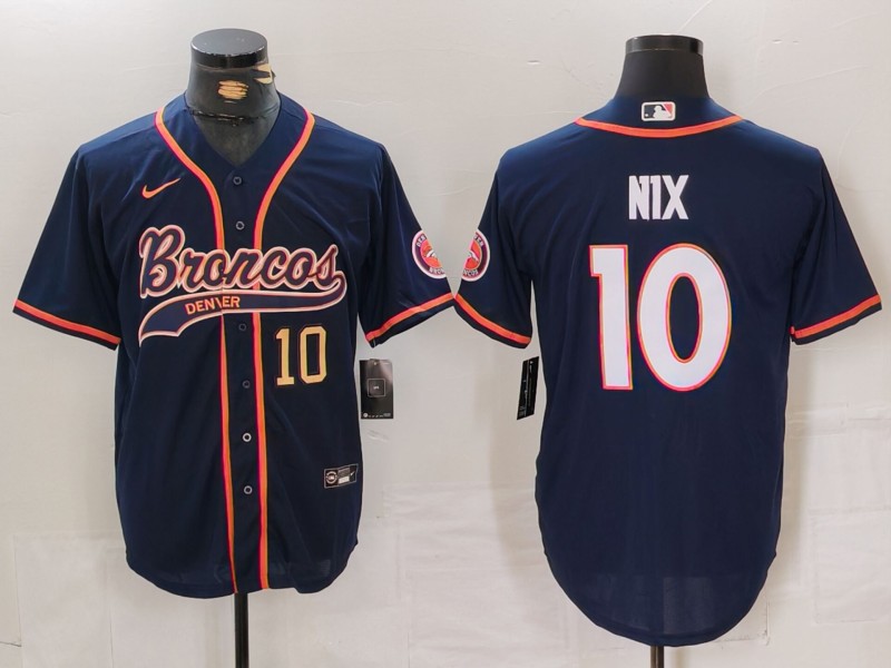 Men's Denver Broncos #10 Bo Nix Number Navy Cool Base Stitched Baseball Jersey