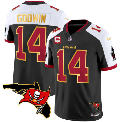 Men's Tampa Bay Buccaneers #14 Chris Godwin Black White With Florida Patch Gold Trim Vapor Football Stitched Jersey