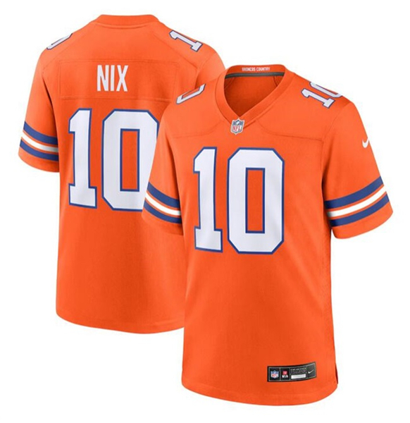 Men's Denver Broncos #10 Bo Nix Orange Mile High Collection F.U.S.E. 1977 Throwback Stitched Game Jersey