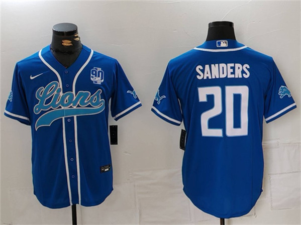 Men's Detroit Lions #20 Barry Sanders Blue With 90th Anniversary Patch Cool Base Stitched Baseball Jersey