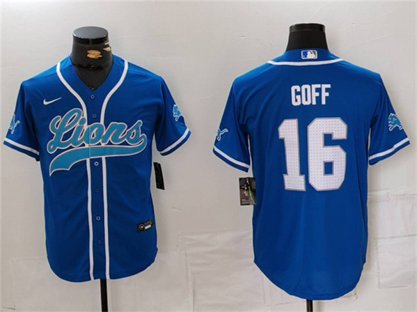 Men's Detroit Lions #16 Jared Goff Blue Cool Base Stitched Baseball Jersey