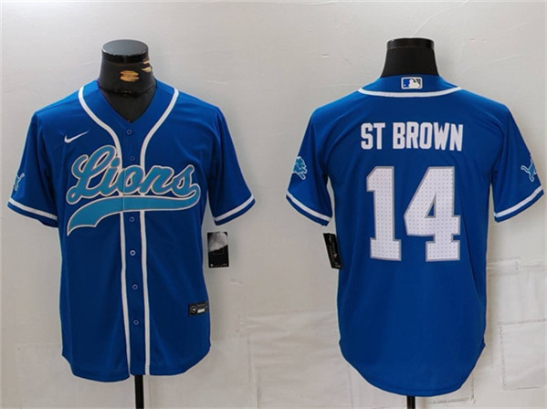 Men's Detroit Lions #14 Amon-Ra St. Brown Blue Cool Base Stitched Baseball Jersey