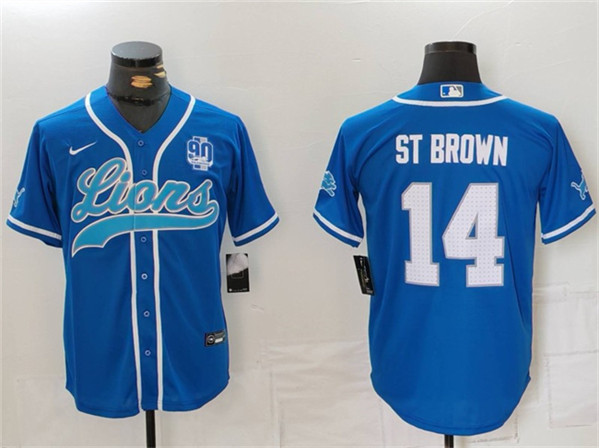 Men's Detroit Lions #14 Amon-Ra St. Brown Blue With 90th Anniversary Patch Cool Base Stitched Baseball Jersey