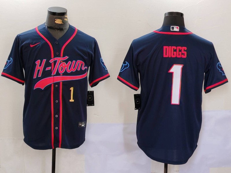 Men's Houston Texans #1 Stefon Diggs Navy With Patch Cool Base Stitched Baseball Jerseys