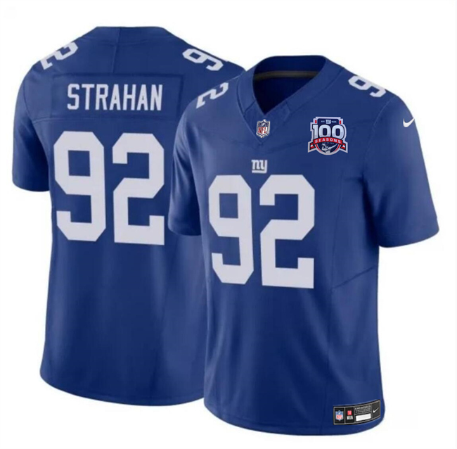 Men's New York Giants #92 Michael Strahan Blue 2024 F.U.S.E. 100TH Season Patch Vapor Untouchable Limited Stitched Jersey