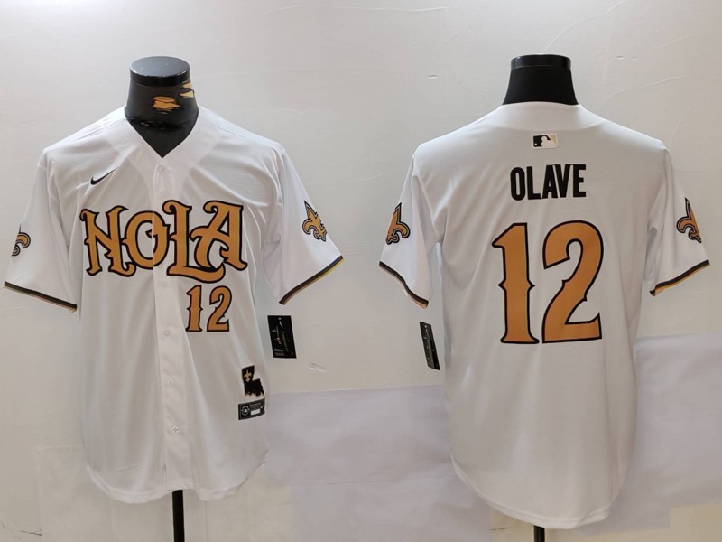 Men's New Orleans Saints #12 Chris Olave Number White Nola Baseball Jersey