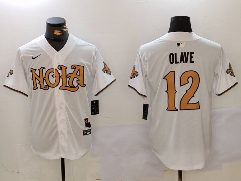 Men's New Orleans Saints #12 Chris Olave Number White Nola Baseball Jerseys