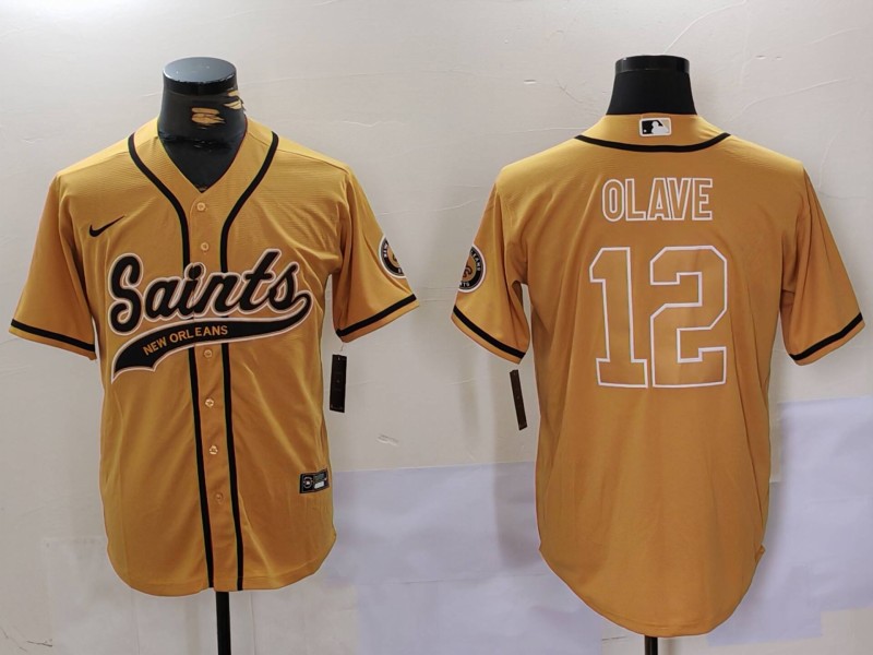 Men's New Orleans Saints #12 Chris Olave Gold Cool Base Stitched Baseball Jersey