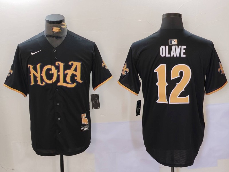 Men's New Orleans Saints #12 Chris Olave Black Cool Base Stitched Baseball Jerseys