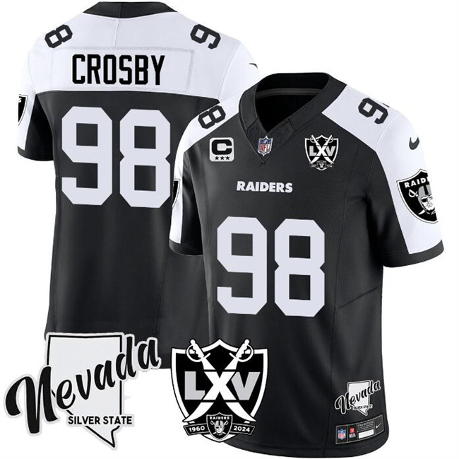 Men's Las Vegas Raiders #98 Maxx Crosby Black White 2024 F.U.S.E With Nevada Silver Stat Patch And 65th Anniversary Patch 3-Star C Patch Stitched Football Jersey