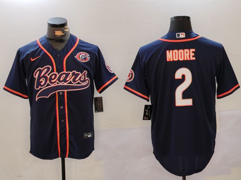 Men's Chicago Bears #2 DJ Moore Navy Throwback With Patch Cool Base Stitched Baseball Jersey