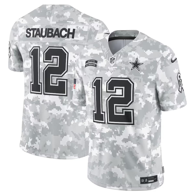 Men's Dallas Cowboys #12 Roger Staubach 2024 Arctic Camo Salute To Service Limited Stitched Football Jersey