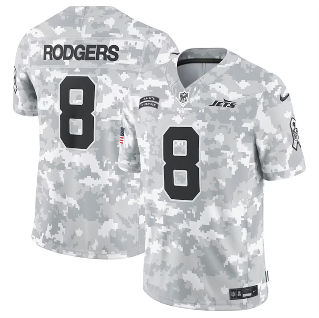 Men's New York Jets #8 Aaron Rodgers 2024 Arctic Camo Salute To Service Limited Stitched Football Jersey