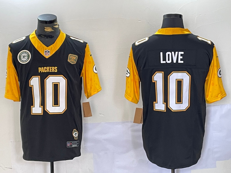 Men's Green Bay Packers #10 Jordan Love Black White Gold 2024 F.U.S.E. Home Patch Vapor Untouchable Limited Stitched Jersey