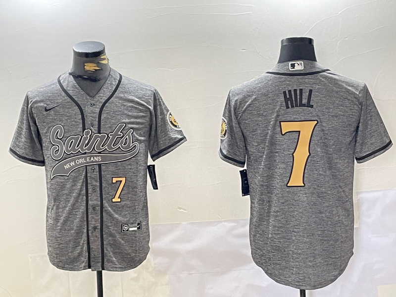 Men's New Orleans Saints #7 Taysom Hill Grey With Patch Cool Base Stitched Baseball Jerseys