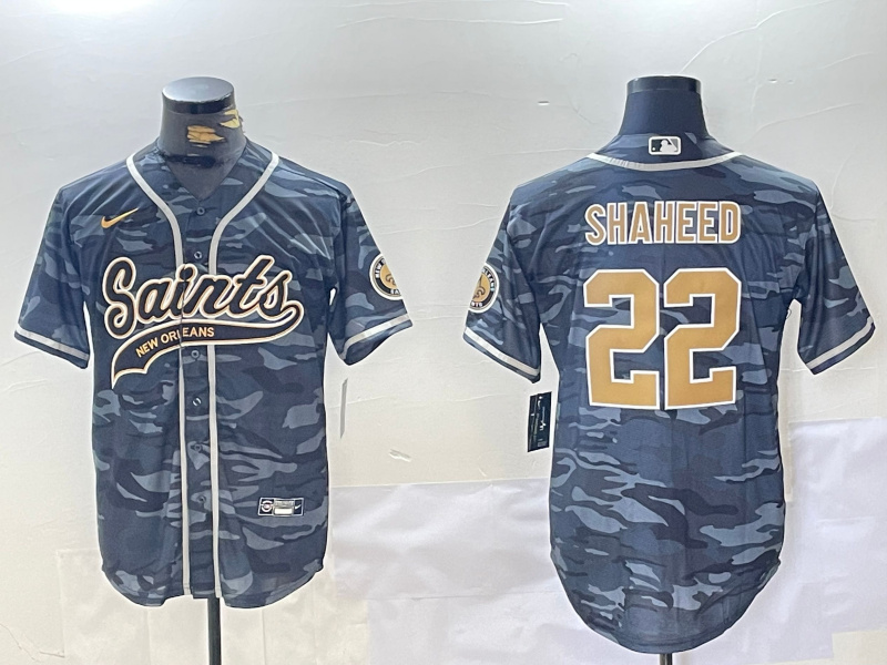 Men's New Orleans Saints #22 Rashid Shaheed Grey Camo With Patch Cool Base Stitched Baseball Jersey