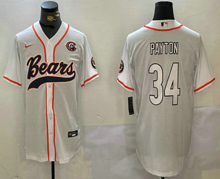 Men's Chicago Bears #34 Walter Payton White Throwback With Patch Cool Base Stitched Baseball Jersey