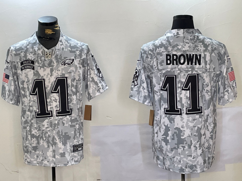 Men's Philadelphia Eagles #11 AJ Brown Arctic Camo 2024 FUSE Salute to Service Limited Stitched Jersey