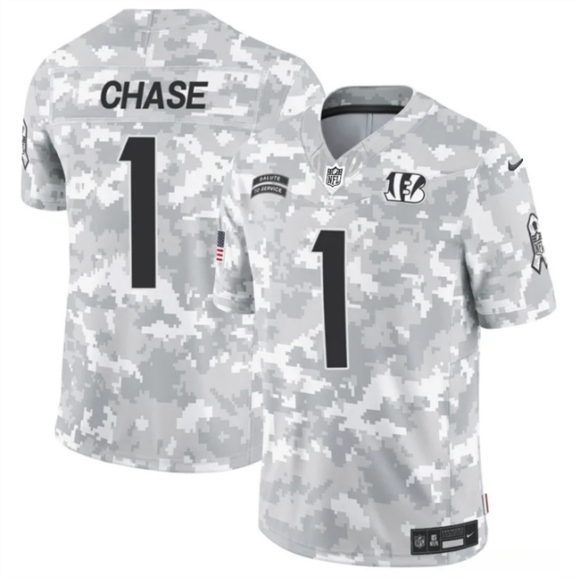 Men's Cincinnati Bengals #1 Ja'Marr Chase 2024 F.U.S.E Arctic Camo Salute To Service Limited Stitched Football Jersey