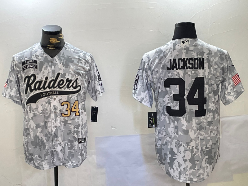 Men's Las Vegas Raiders #34 Bo Jackson 2024 Arctic Camo Salute To Service Stitched Baseball Jerseys