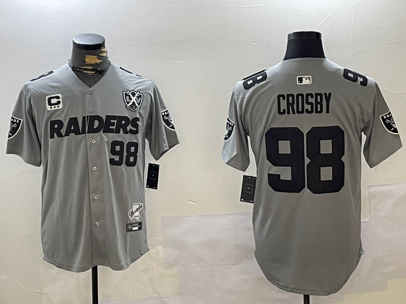 Men's Las Vegas Raiders #98 Maxx Crosby Grey Nevada Silver State And 65th Patch Stitched Baseball Jersey