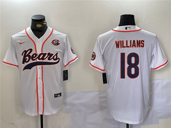 Men's Chicago Bears #18 Caleb Williams White With Patch Cool Base Baseball Stitched Jersey