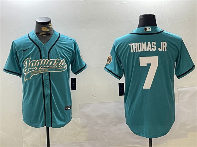 Men's Jacksonville Jaguars #7 Brian Thomas Jr Teal With Patch Cool Base Stitched Baseball Jersey