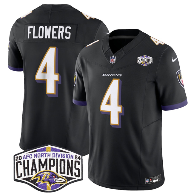 Men's Baltimore Ravens #4 Zay Flowers Black F.U.S.E 2024 AFC North Division Champions Vapor Limited Football Jersey