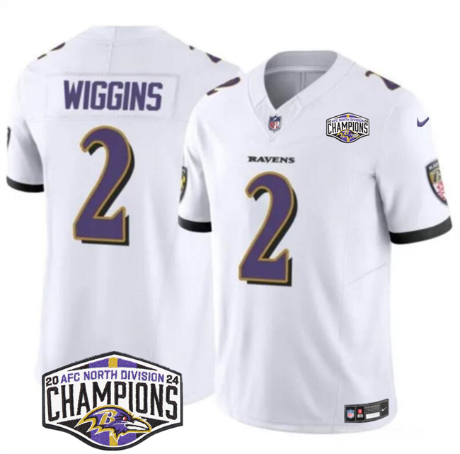 Men's Baltimore Ravens #2 Nate Wiggins White F.U.S.E 2024 AFC North Division Champions Vapor Limited Football Jersey