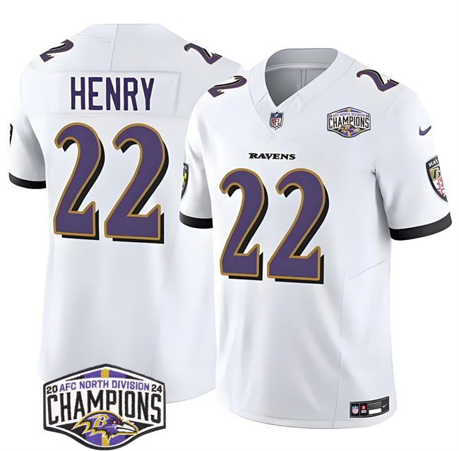 Men's Baltimore Ravens #22 Derrick Henry White F.U.S.E 2024 AFC North Division Champions Vapor Limited Football Jersey