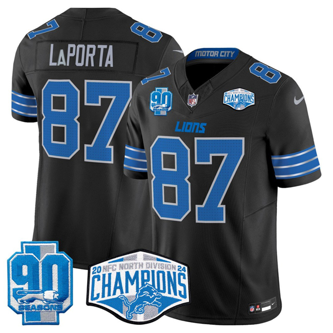 Men's Detroit Lions #87 Sam LaPorta Black 2024 NFC North Champions 90th Anniversary Patch F.U.S.E. Vapor Limited Stitched Jersey