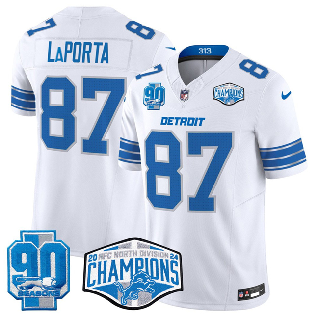 Men's Detroit Lions #87 Sam LaPorta White 2024 NFC North Champions 90th Anniversary Patch F.U.S.E. Vapor Limited Stitched Jersey