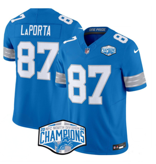 Men's Detroit Lions #87 Sam LaPorta Blue 2024 NFC North Champions F.U.S.E. Vapor Limited Stitched Jersey