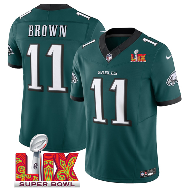 Men's Philadelphia Eagles #11 A.J. Brown Green 2025 Super Bowl LIX Patch New F.U.S.E. Vapor Untouchable Limited Stitched Football Jersey