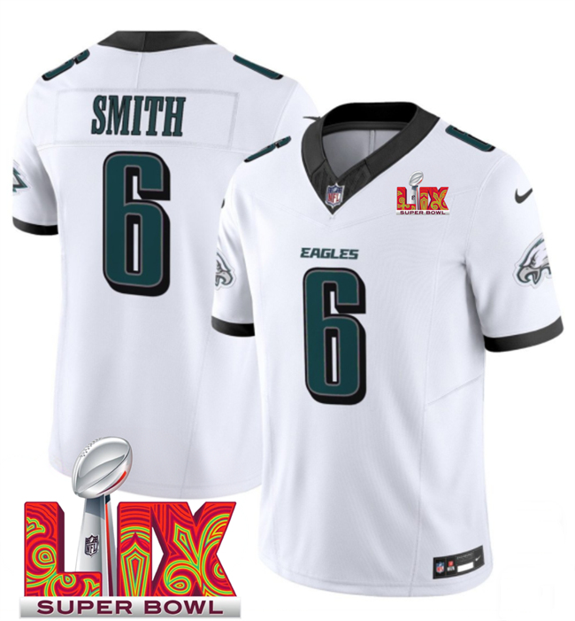 Men's Philadelphia Eagles #6 DeVonta Smith White 2025 Super Bowl LIX Patch New F.U.S.E. Vapor Untouchable Limited Stitched Football Jersey