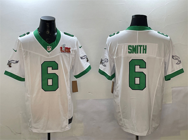 Men's Philadelphia Eagles #6 DeVonta Smith White 2025 Super Bowl LIX Patch F.U.S.E. Vapor Untouchable Limited Stitched Football Jersey