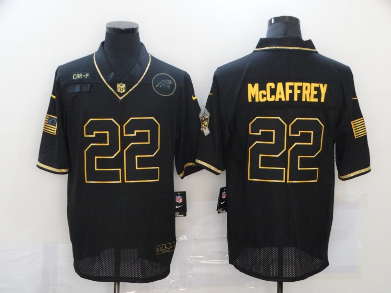 Men's Carolina Panthers #22 Christian McCaffrey Black Gold 2020 Salute To Service Stitched NFL Nike Limited Jersey