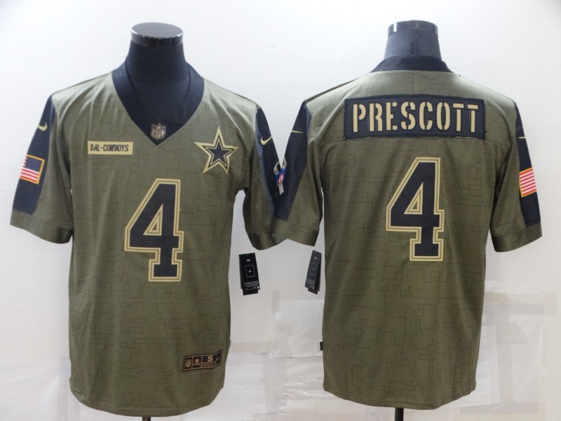 Men's Dallas Cowboys #4 Dak Prescott 2021 Olive Salute To Service Limited Stitched Jersey