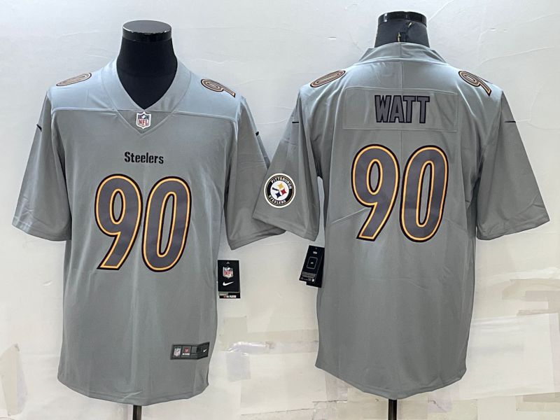 Men's Pittsburgh Steelers #90 TJ Watt LOGO Grey Atmosphere Fashion 2022 Vapor Untouchable Stitched Limited Jersey