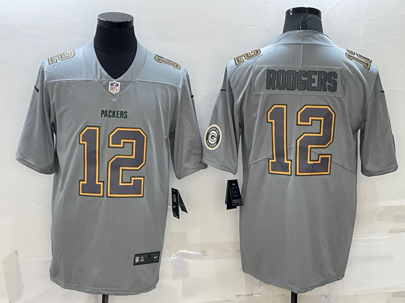 Men's Green Bay Packers #12 Aaron Rodgers LOGO Grey Atmosphere Fashion 2022 Vapor Untouchable Stitched Limited Jersey