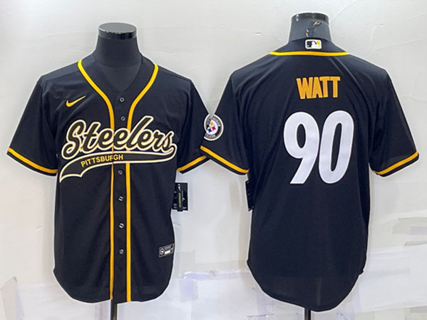 Men's Pittsburgh Steelers #90 T.J. Watt Black With Patch Cool Base Stitched Baseball Jersey