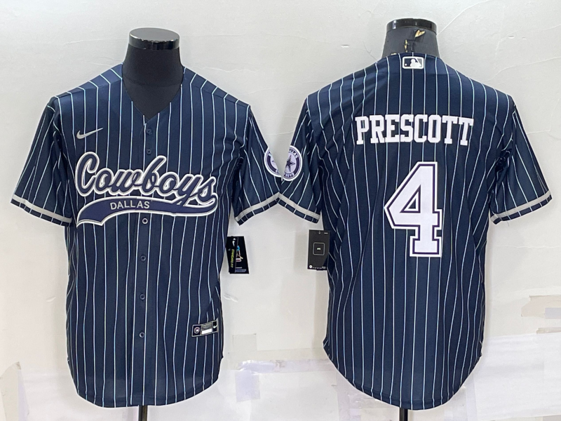 Men's Dallas Cowboys #4 Dak Prescott Navy Blue Pinstripe With Patch Cool Base Stitched Baseball Jersey