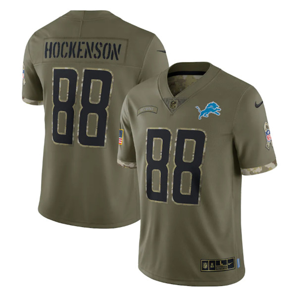 Men's Detroit Lions #88 T. J. Hockenson 2022 Olive Salute To Service Limited Stitched Jersey