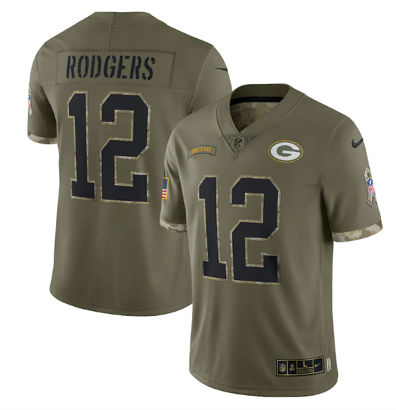 Men's Green Bay Packers #12 Aaron Rodgers 2022 Olive Salute To Service Limited Stitched Jersey