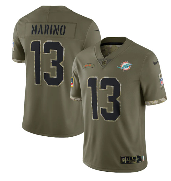 Men's Miami Dolphins #13 Dan Marino 2022 Olive Salute To Service Limited Stitched Jersey