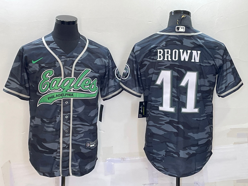 Men's Philadelphia Eagles #11 AJ Brown Grey Camo With Patch Cool Base Stitched Baseball Jersey